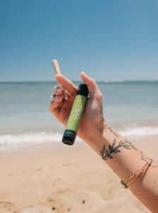 A hand a cannabis pre-roll , reminiscent of the White Rainbow cannabis strain, against the serene backdrop of the beach and ocean.